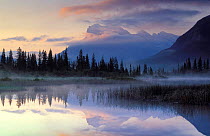 Dawn reflections of Mount Rundle on Lake Vermillion, Banff NP, Alberta, Canada, North America