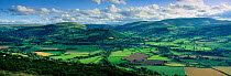 Panoramic - rolling farmland, Brecon Beacons near Talybont, Usk Valley, Powys, Wales, UK