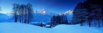 Panoramic view of Berchtesgaden, Bavaria, in snow in winter, Germany