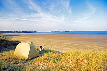 Man camping on Rhossilli bay beach, Gower peninsula, West Glamorgan, Wales