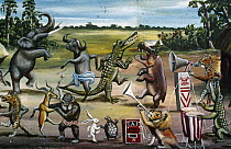 Painting of animals dancing and playing instruments, Virunga NP, Democratic Republic of Congo