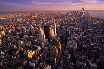 Looking down on Lower East Side Manhattan, New York City, USA pre 11/9/2001 with World Trade Twin Towers in background