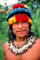 Zaparo indian in traditional dress, Llanchamacocha, Ecuadorian Amazon, South America