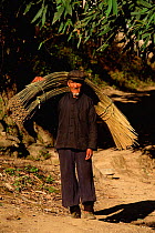 Hani man carries split bamboos (men wear black) Huangcouba, Yuanyang, Yunnan, China 2002