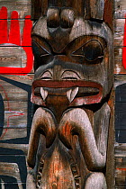 'Ksan Canadian Native People totem pole carving detail, British Columbia, Canada