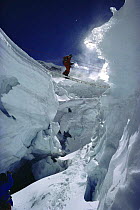 Sherpa on ladder at Khumbu icefall. Mt. Everest, Himylayas, Nepal