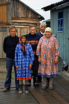 Idigenous Mansi villagers in traditional dress, near Ural Mountains, Siberia, Russia