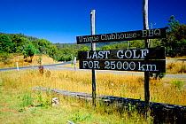 'Last golf for 25000 km' sign Mt Field NP, Tasmania, Australia Southwest NP, Tasmanian wilderness world heritage area