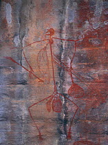 Aboriginal rock art, human stick figure & weapon, Ubirr Art Site Kakadu NP, NT Australia