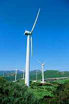 Wind powered electricity generating turbines in landscape. Tarifa, Cadiz, Andalucia, Spain