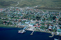 Aerial view of Port Stanley East Falkland Island coastline, Falkland Islands, December 1998