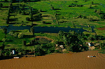 Aerial view of Amazon river with boat and settlements on embankment, Brazil, Amazonas