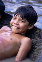 Mayoruna Indian child portrait, Amazon Basin, Peru, South America