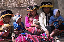 Local children at Pisac market, holding puppy and young goat, Andes, Peru, South America