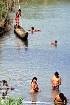 Huaorian indians fishing in river using dynamite,  Dayuno, Ecuadorian Amazon, South America