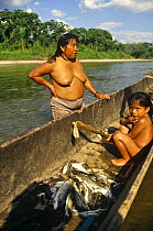 Huaorani indian with fish catch, Dayuno community, Nushino river, Ecuadorian Amazon