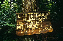 Huaorani Indian territory sign, Dayuno community, Nushino River, Ecuadorian Amazon