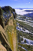 Sandstone cliffs, roosting habitat of Andean condor {Vultur gryphus} Patagonia, Argentina Nr