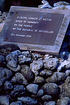 Aldabra memorial plaque, Picard Island, Aldabra, Seychelles, Indian Ocean