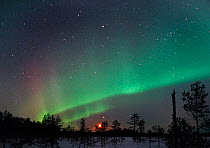 Aurora borealis colours, moon and Jupiter in night sky, northern Finland, winter 2002