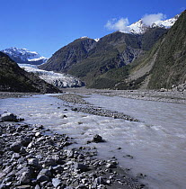 Landscape view of Fox Glacier, with melt run off, South Island, New Zealand