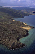 Aerial view of ragged desolate coastline of Djibouti, at entrance to Red Sea, East Africa