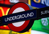 Underground railway  entrance sign, London, England UK, Europe