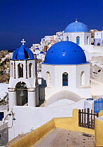 Traditional Blue Domes in the village of Oia, Santorini, the Cyclades islands, Greece, Europe