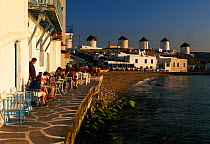 Restaurants in 'Little Venice', Hora, Mykonos, Cyclades windmills in background Greece Europe