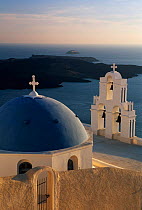 Greek orthodox Church dome, bells and roof,  Santorini island, The Cyclades, Greece, Europe