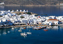 Elevated City and Harbour view of Hora and windmills, Cyclades Mykonos Island, The Cyclades, Greece Europe