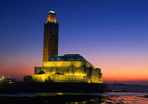 Hassan II Mosque illuminated at dusk, Casablanca, Morocco, North Africa