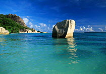 Granite Boulder in sea at Anse Source d'Argent Beach, La Digue island, Seychelles, Indian Ocean