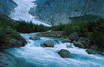 Brenndals glacier flowing into river, Jostedalsbreen NP, Olden, Sogn og Fjordane, Norway