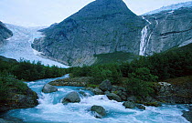Brenndals glacier flowing into river, Jostedalsbreen NP, Olden, Sogn og Fjordane, Norway