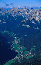 View from the top of Pordoi looking down to valley below, Dolomites, Italy