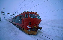 Bergen-Oslo railway crossing snow mountain plateau. Hardangervidda (1222metres) Norway