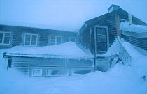 Mountain hut in snow storm. Finse, Hardangervidda, Norway