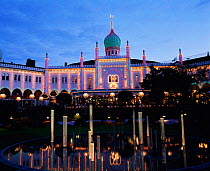 Tivoli Gardens lit up at night, Copenhagen, Denmark