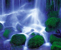 N-14708 Waterfall falling onto mossy stones, Nagano, Japan.