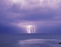 Y-10905 Forked lightning on horizon above sea in storm