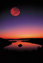 Y-12304 Huge full moon above Emerald Bay at sunset, Lake Tahoe, California USA