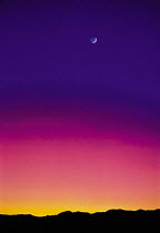 Y-8706 Moon in evening sky above Death Valley silhouette, California, USA