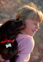 ic-04402 Affectionate puppy licking child's ear.
