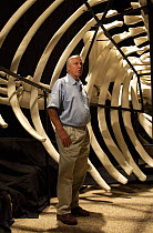 Sir David Attenborough in Blue whale skeleton during filming for 'Life of Mammals', 2002