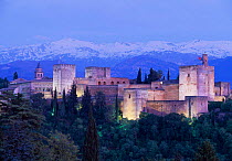 The Alhambra and snow capped mountain background, Granada, Andalucia, Spain