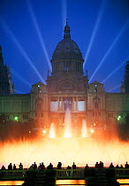 People & floodlit fountains outside National Museum, Barcelona, Catalunya, Spain
