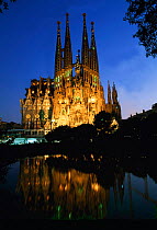 Gaudi's La Sagrada Familia church floodlit at night, Barcelona, Catalunya