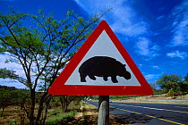 Hippopotamus crossing warning sign beside road. Nelspruit, South Africa