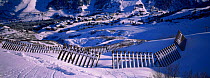 Panoramic view of avalanche barrier fences above Merribel, Trios Vallees, European Alps, France